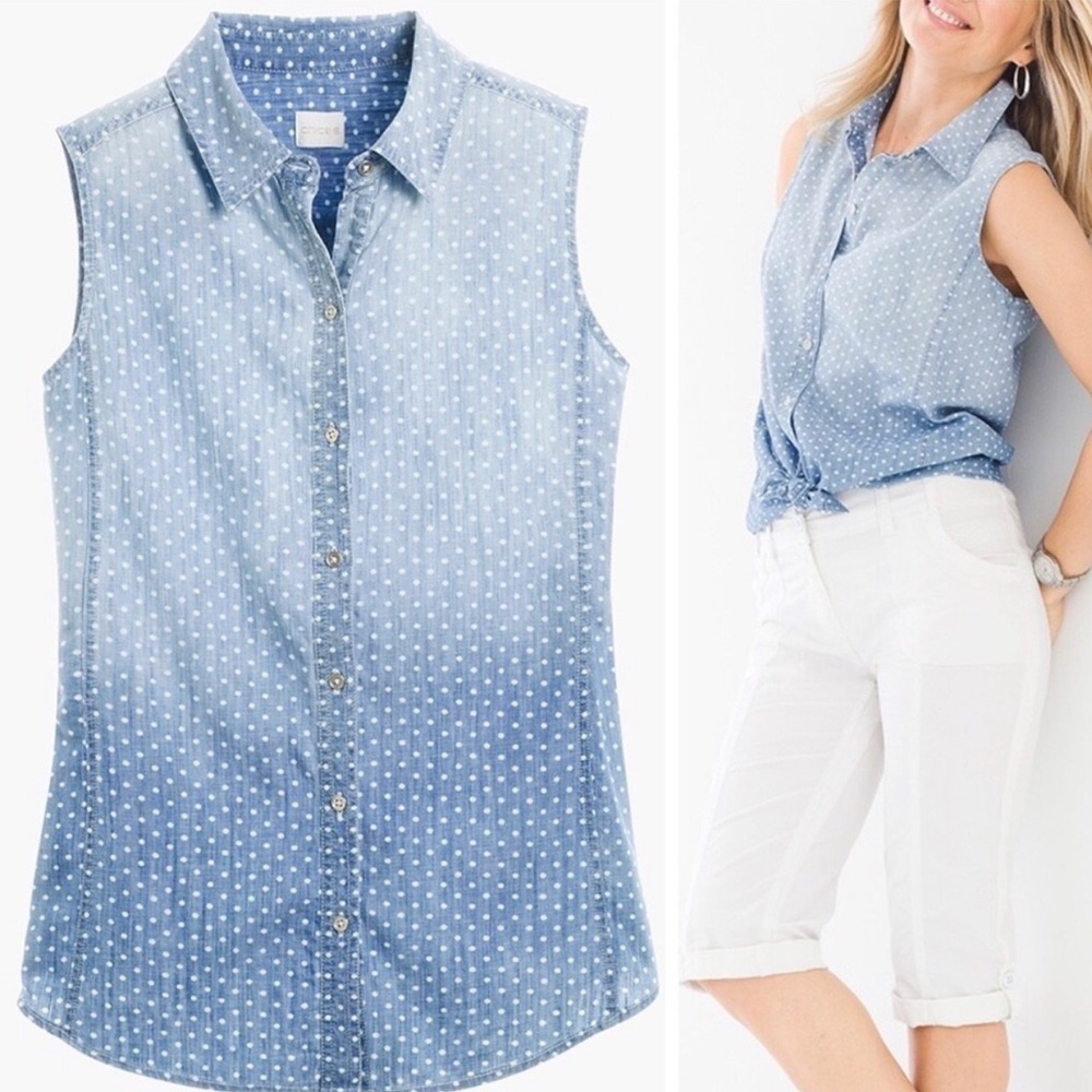 CHICO’S Sleeveless PolkaDot  Chambray Denim Top Size 2 (M)
